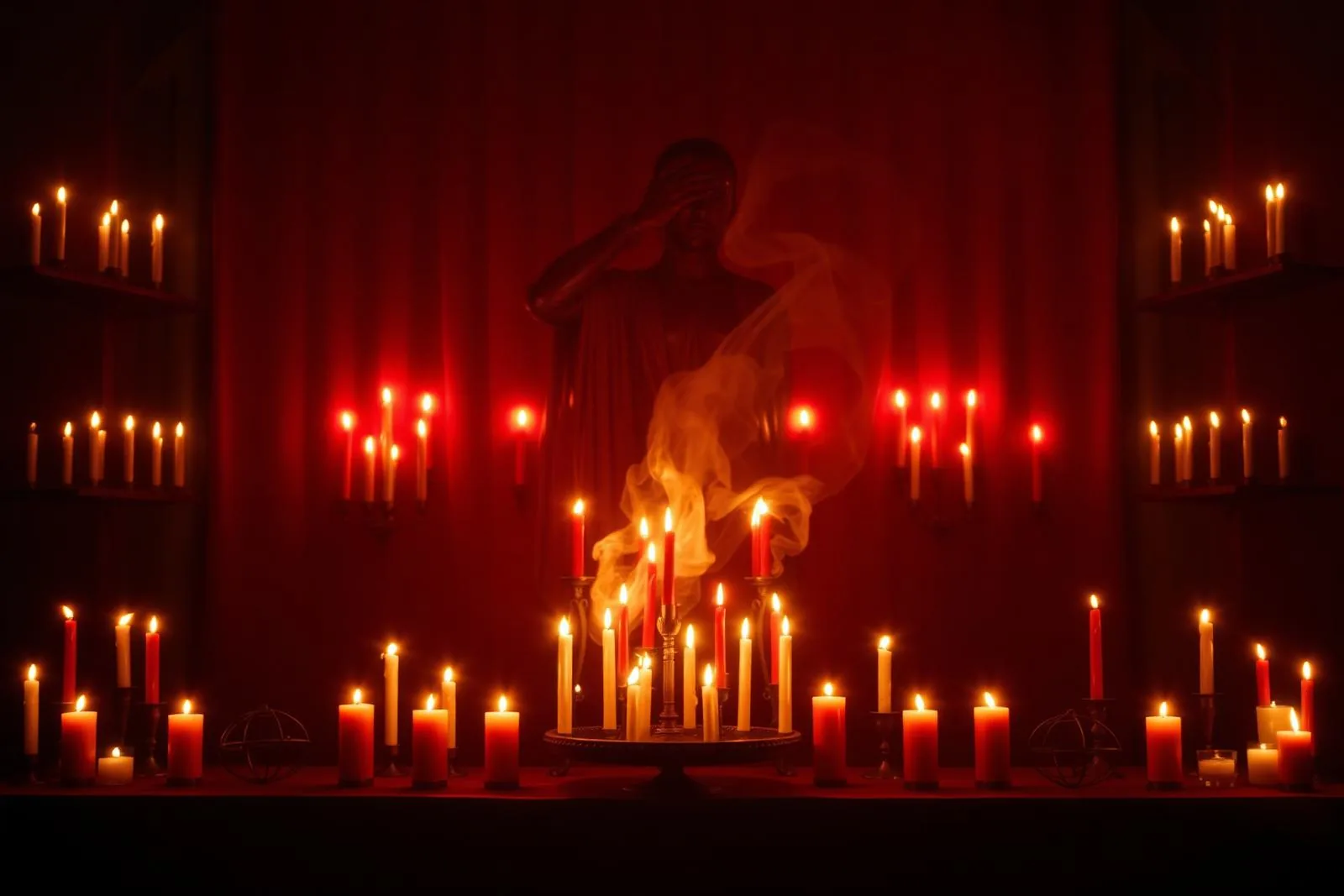 Altar com velas acesas do atendimento do Bruxo Yago